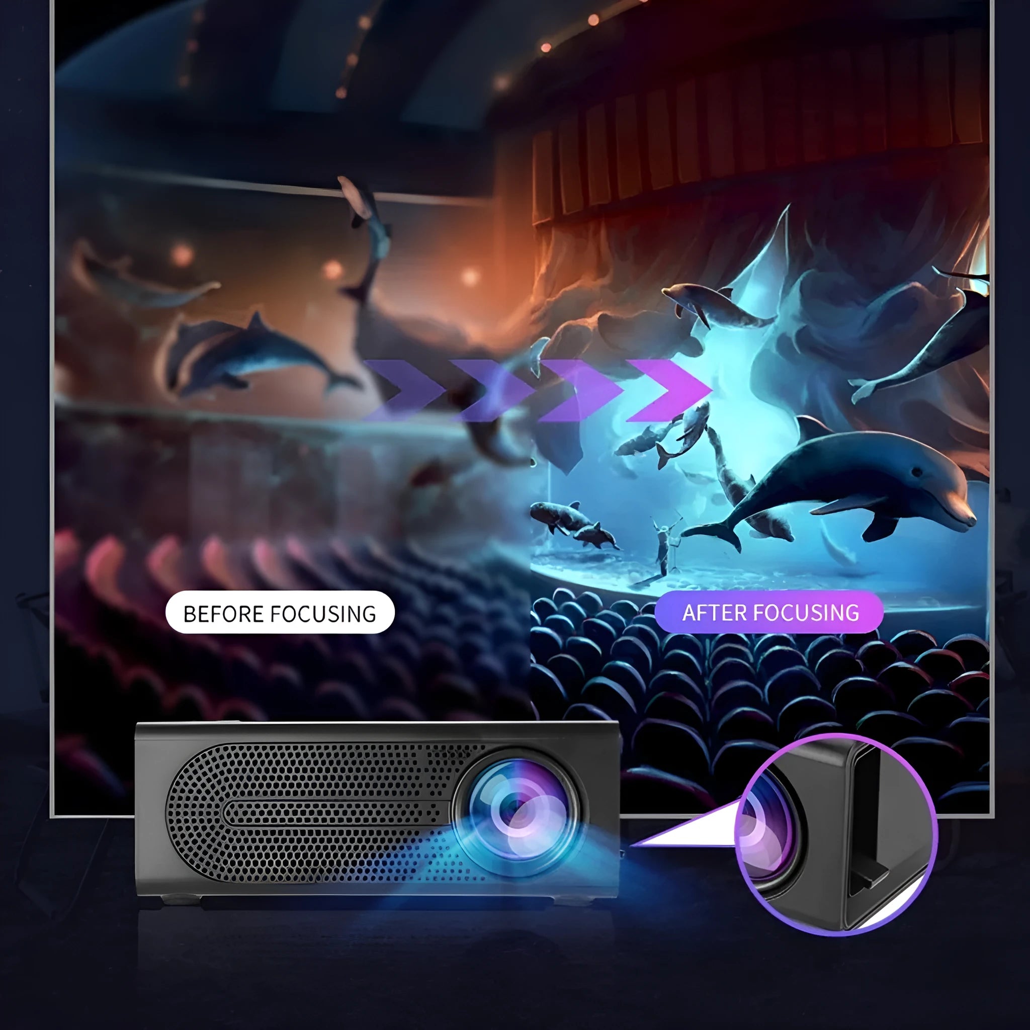 Portable mini projector in black with wired mobile phone connection and UK plug