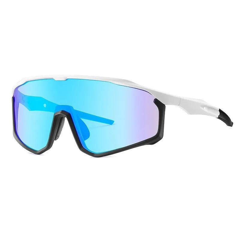 Colourful mountaineering goggles with full-frame design and UV-protective PC lenses for climbing and snow sports.