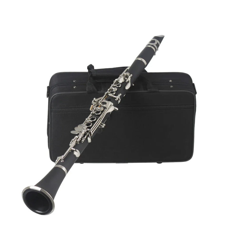 Black beginner bakelite clarinet with 17 nickel keys shown with its storage bag.
