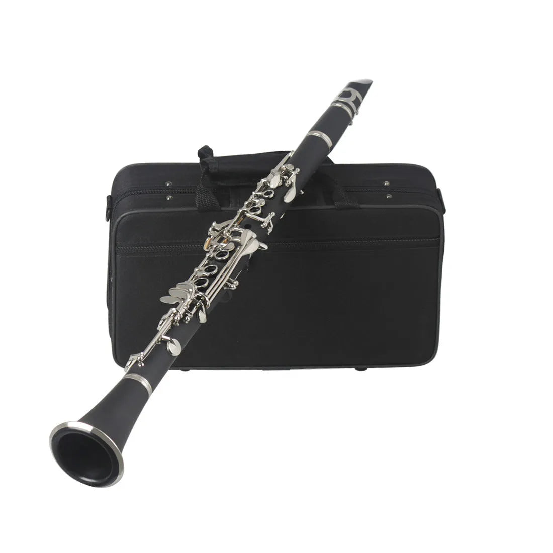 Black beginner bakelite clarinet with 17 nickel keys shown with its storage bag.