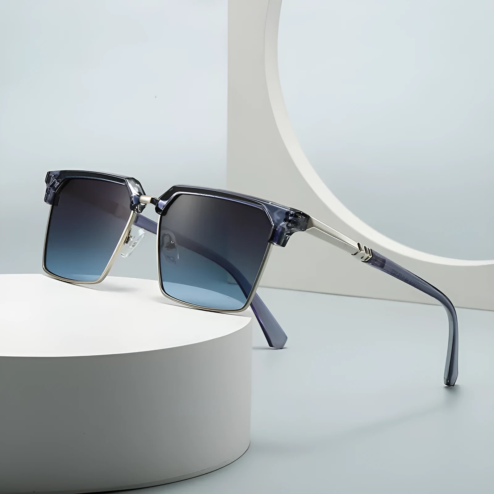 Men's square sunglasses with plastic box-style frames showing six colour options including black silver black grey and dried tea frame