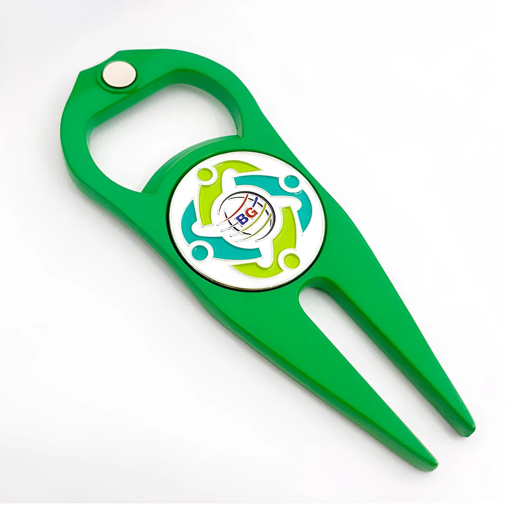 Zinc alloy golf ball fork bottle opener with ball marking yoke measuring 88mm x 35mm
