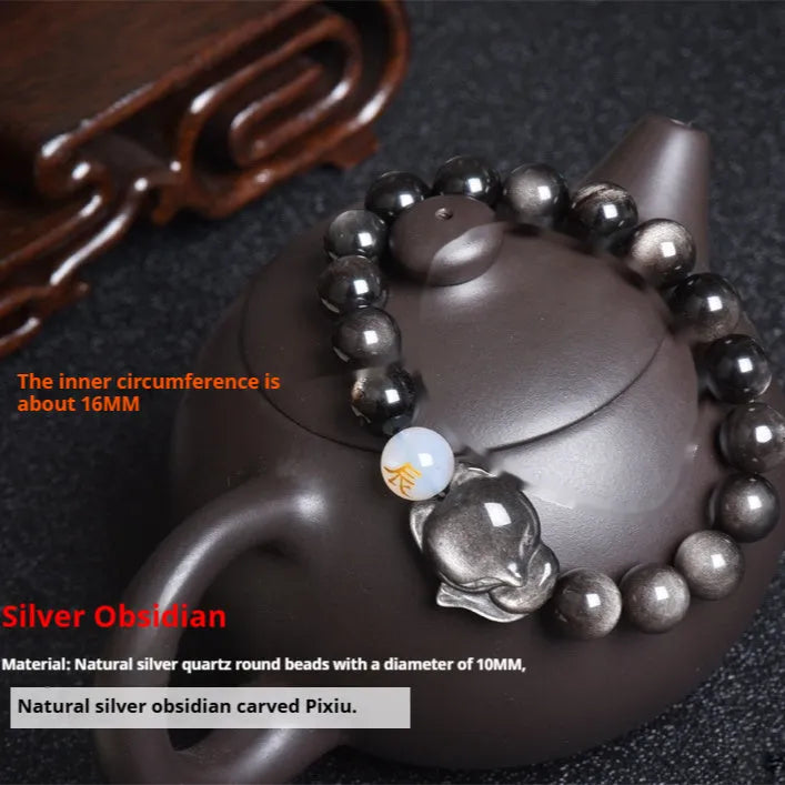 Natural obsidian zodiac guardian bracelet with 10mm beads in three style variations