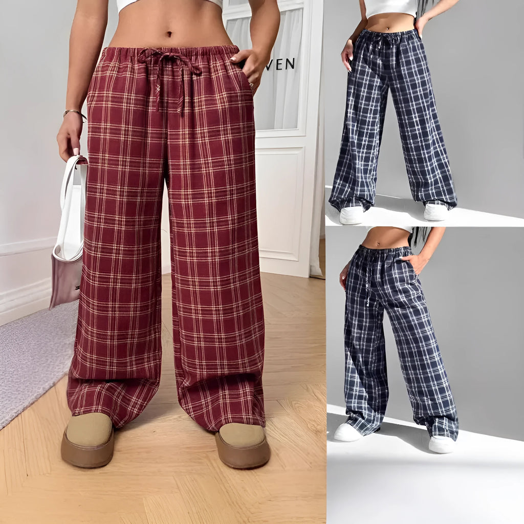 Women's casual trousers with drawstring waist and plaid pocket in red or blue