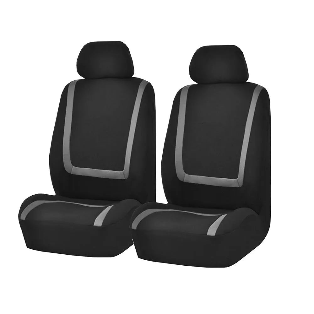 Universal four seasons car seat cover set in beige and black fabric installed on car seats.