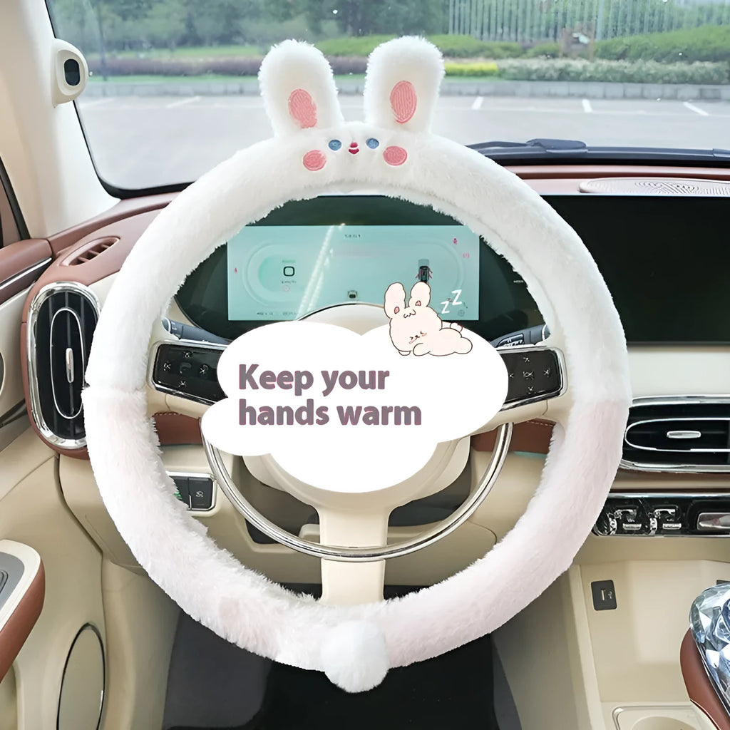 Plush winter steering wheel cover with cartoon embroidery, shown in 38cm size on a car steering wheel.