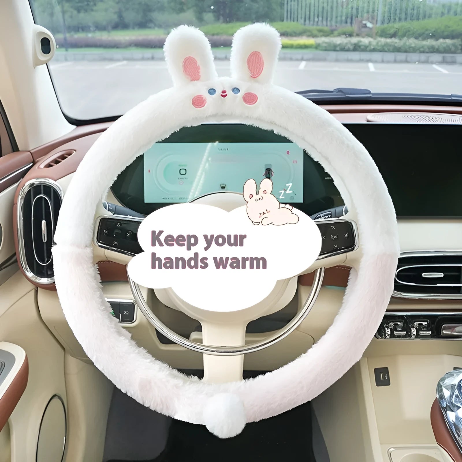 Plush winter steering wheel cover with cartoon embroidery, shown in 38cm size on a car steering wheel.