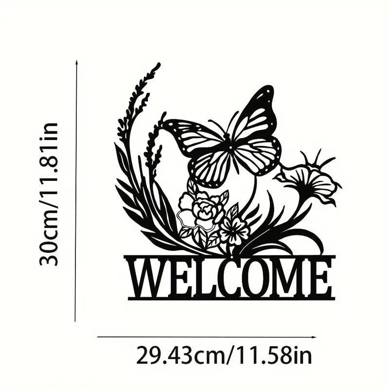 Copper metal animal silhouette welcome board wall mounted with butterfly design on courtyard door