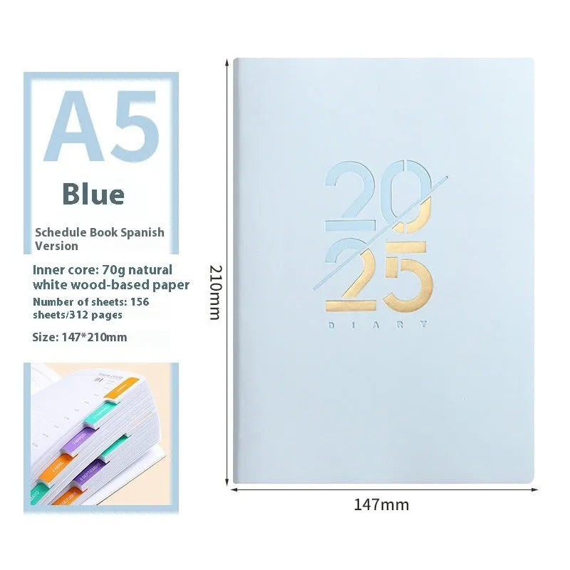 Soft faux leather A5 2025 daily plan schedule book open on Dot Grid paper.