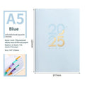 Soft faux leather A5 2025 daily plan schedule book open on Dot Grid paper.