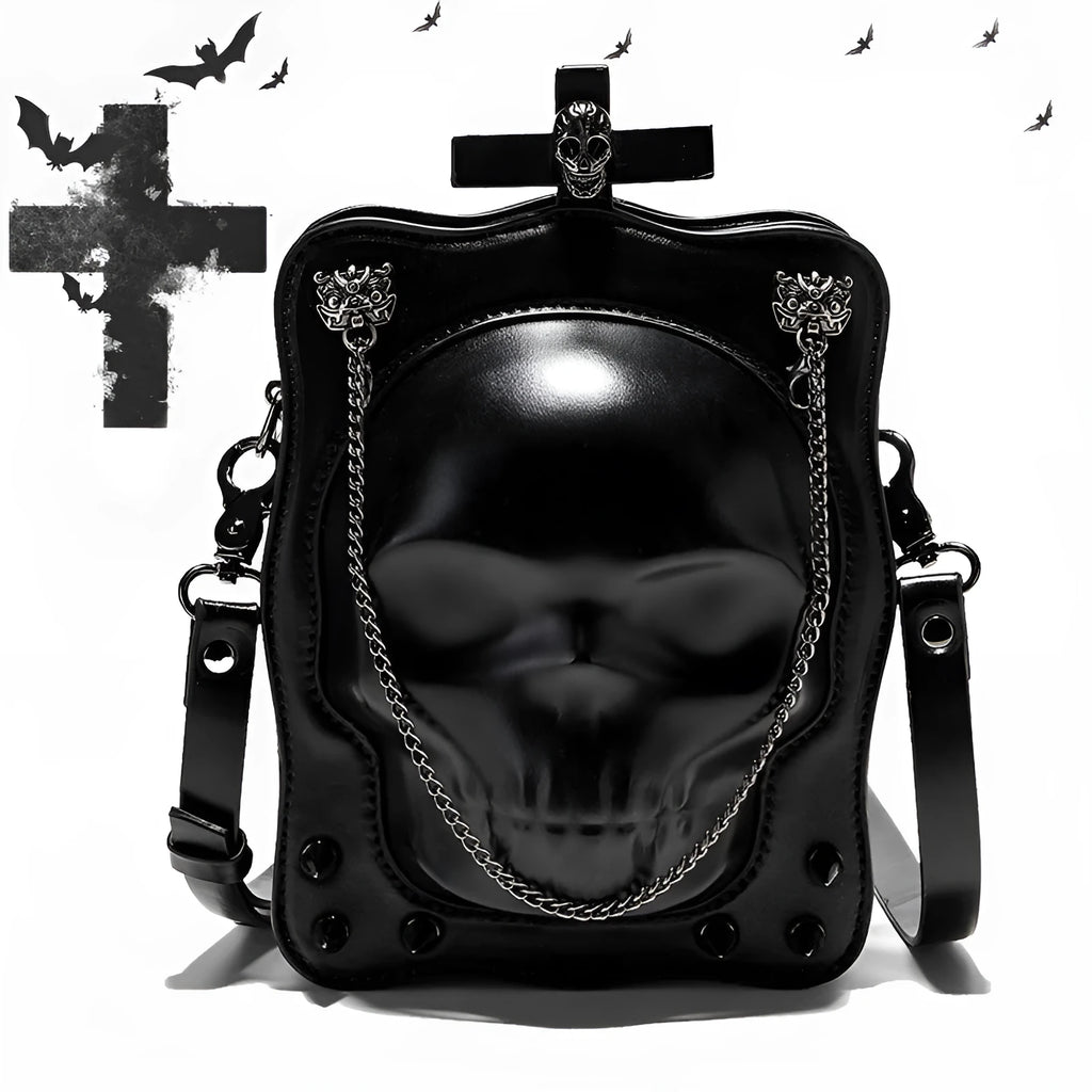 Black mini square crossbody bag with skull gothic design, stitching, rivets and chains on PU leather
