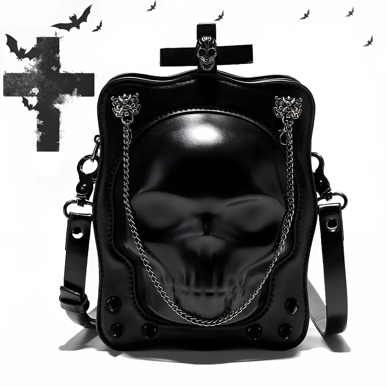 Black mini square crossbody bag with skull gothic design, stitching, rivets and chains on PU leather