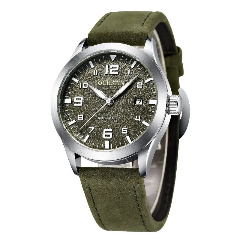 Casual business retro automatic mechanical watch with leather strap and 12mm thickness