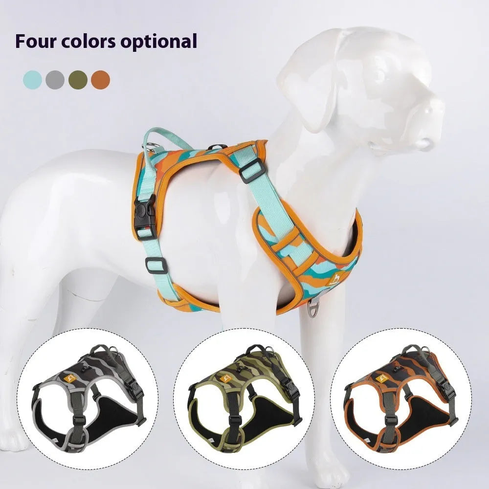 Orange reflective dog chest and back harness with hand-holding rope on a neutral background.