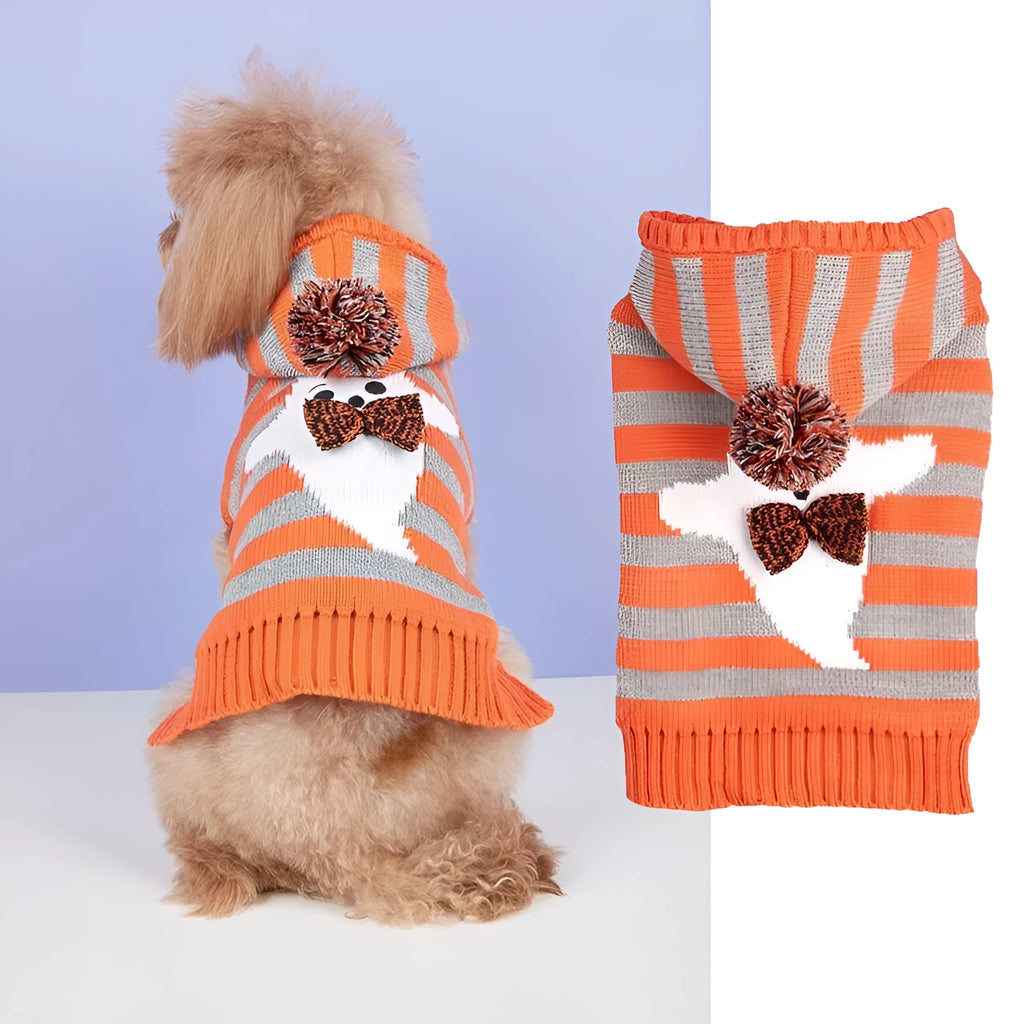 Orange knitted hooded pet sweater with striped pattern and fur balls for Halloween
