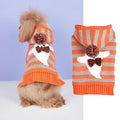 Orange knitted hooded pet sweater with striped pattern and fur balls for Halloween