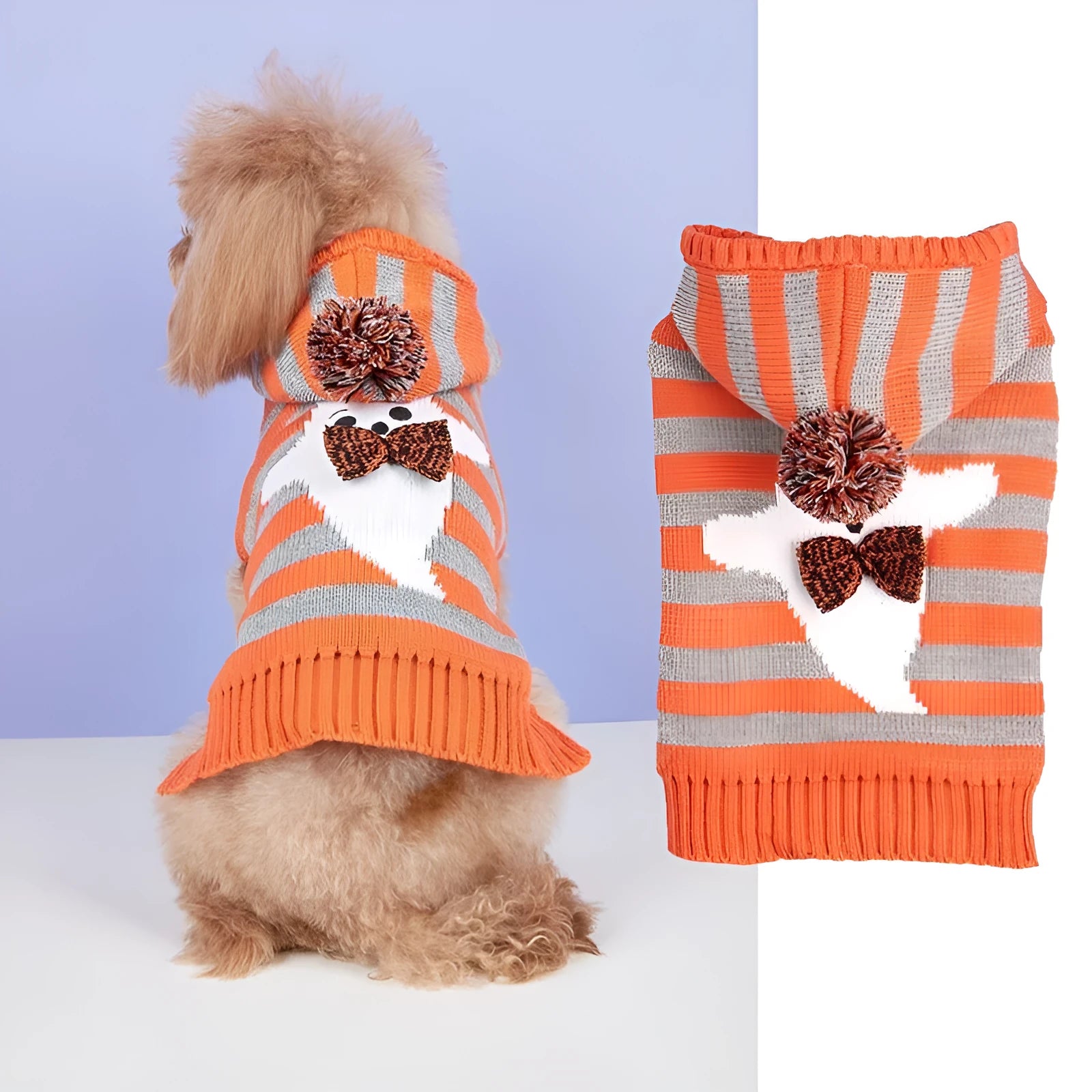 Orange knitted hooded pet sweater with striped pattern and fur balls for Halloween