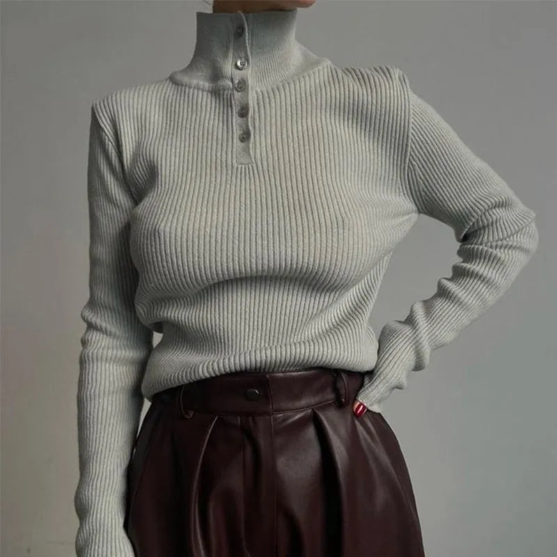 Retro breasted half turtleneck slim fit pullover sweater in silver grey colour