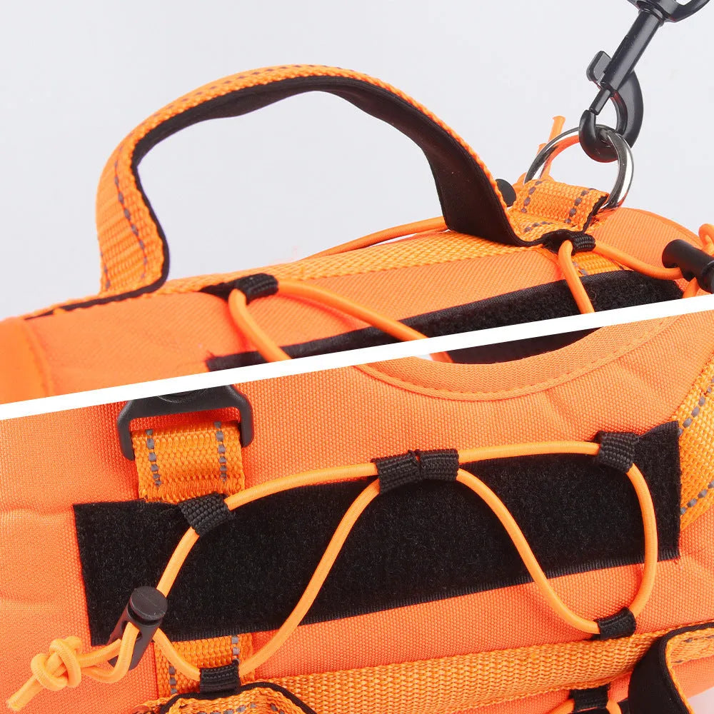 Reflective dog harness vest with integrated hand-holding rope leash in orange colour showing explosion-proof chest strap design