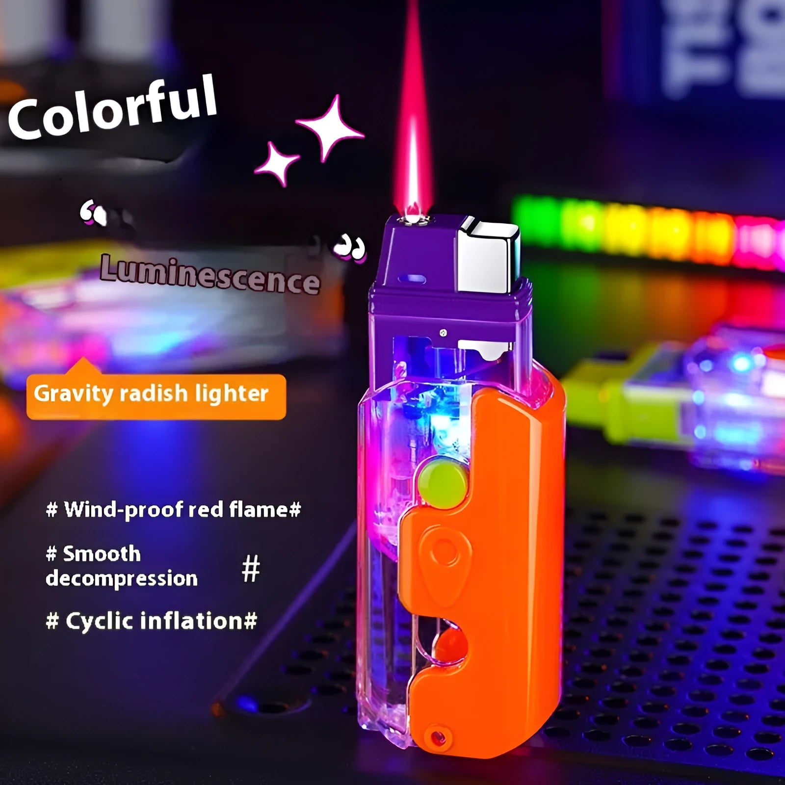 Colourful luminous radish plastic lighter with wind resistance in orange, purple, green options