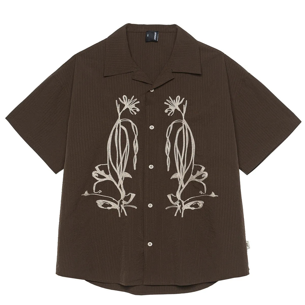 Brown striped quick-drying outdoor shirt with Cuban collar and short sleeves