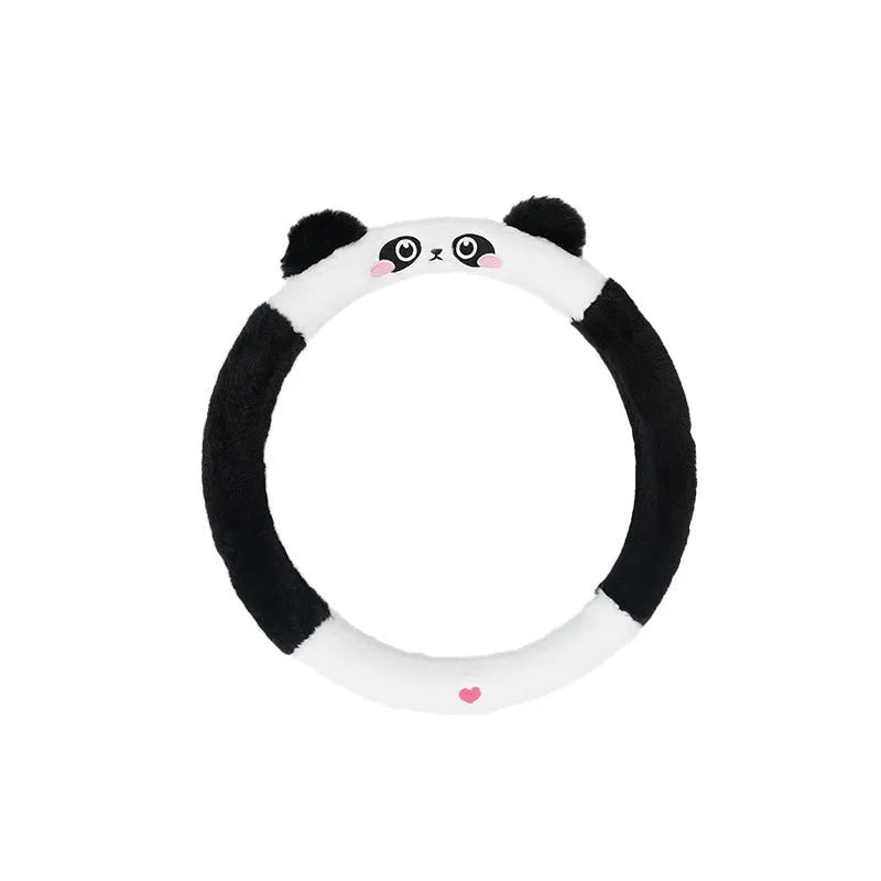 Plush winter steering wheel cover with cartoon embroidery, shown in 38cm size on a car steering wheel.
