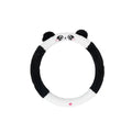Plush winter steering wheel cover with cartoon embroidery, shown in 38cm size on a car steering wheel.