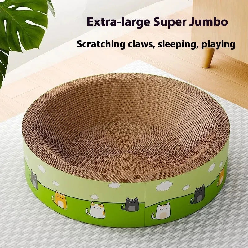 Large round cat scratch board made of brown corrugated paper in a deep pit design.