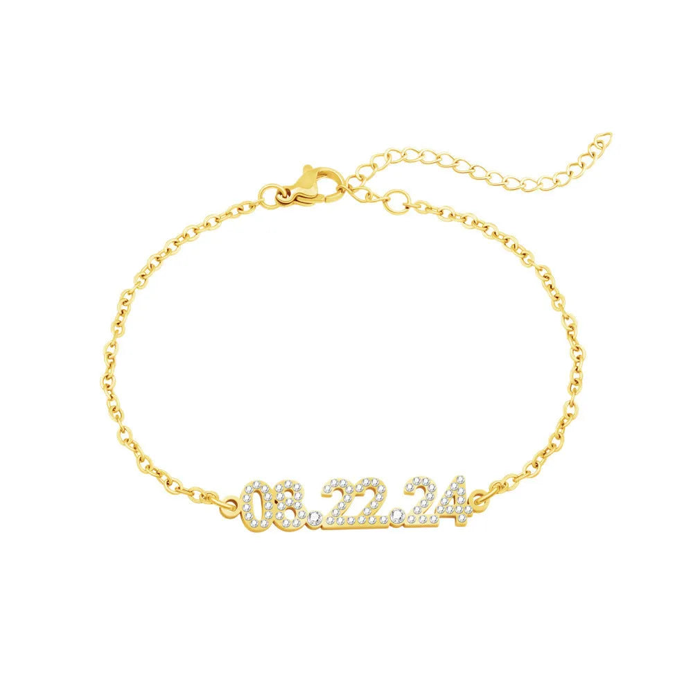 Stainless steel digital bracelet and necklace set with decorative stones in gold, rose gold, or steel colour