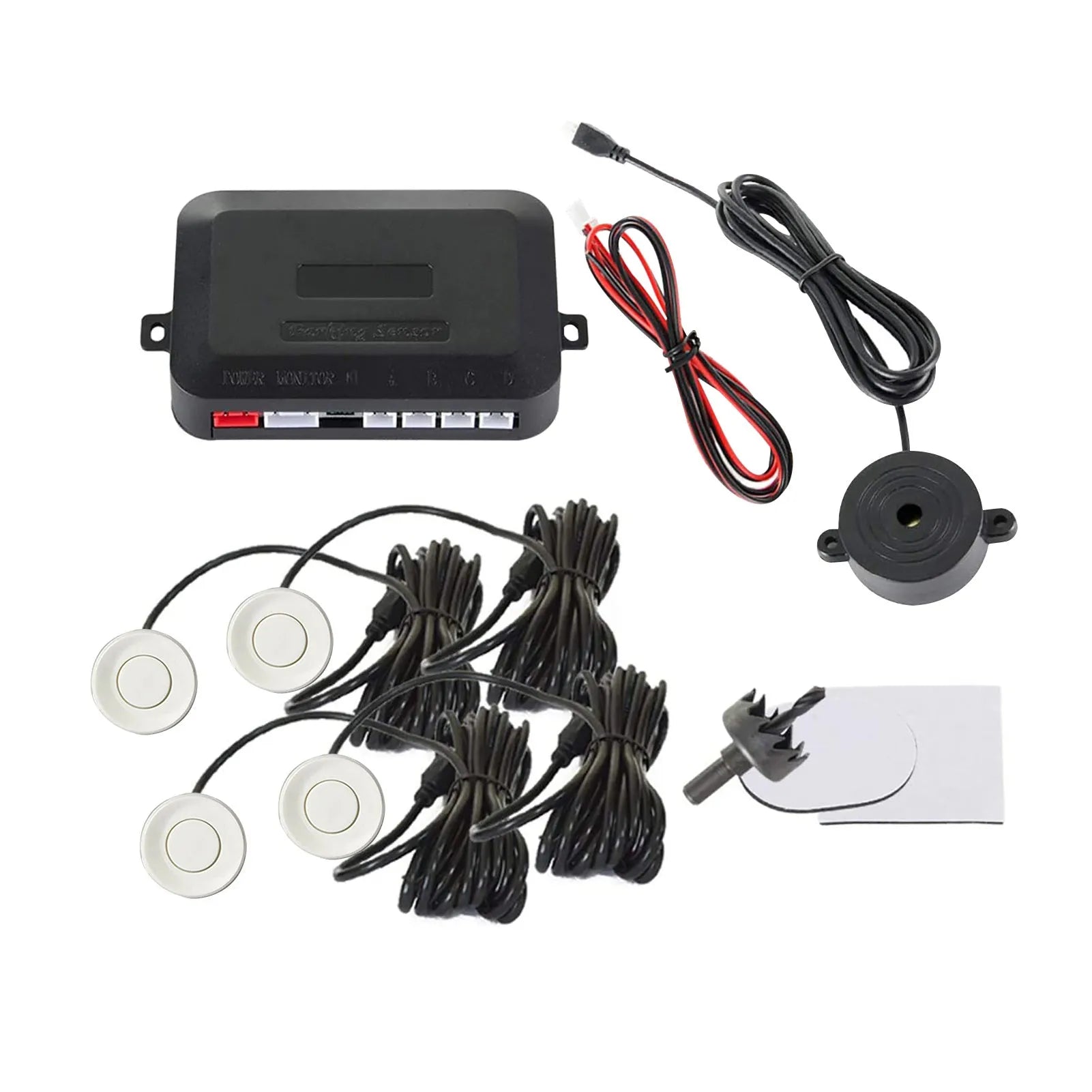 4-probe buzzer reversing radar system with sensors, control module, and installation tools for car parking safety