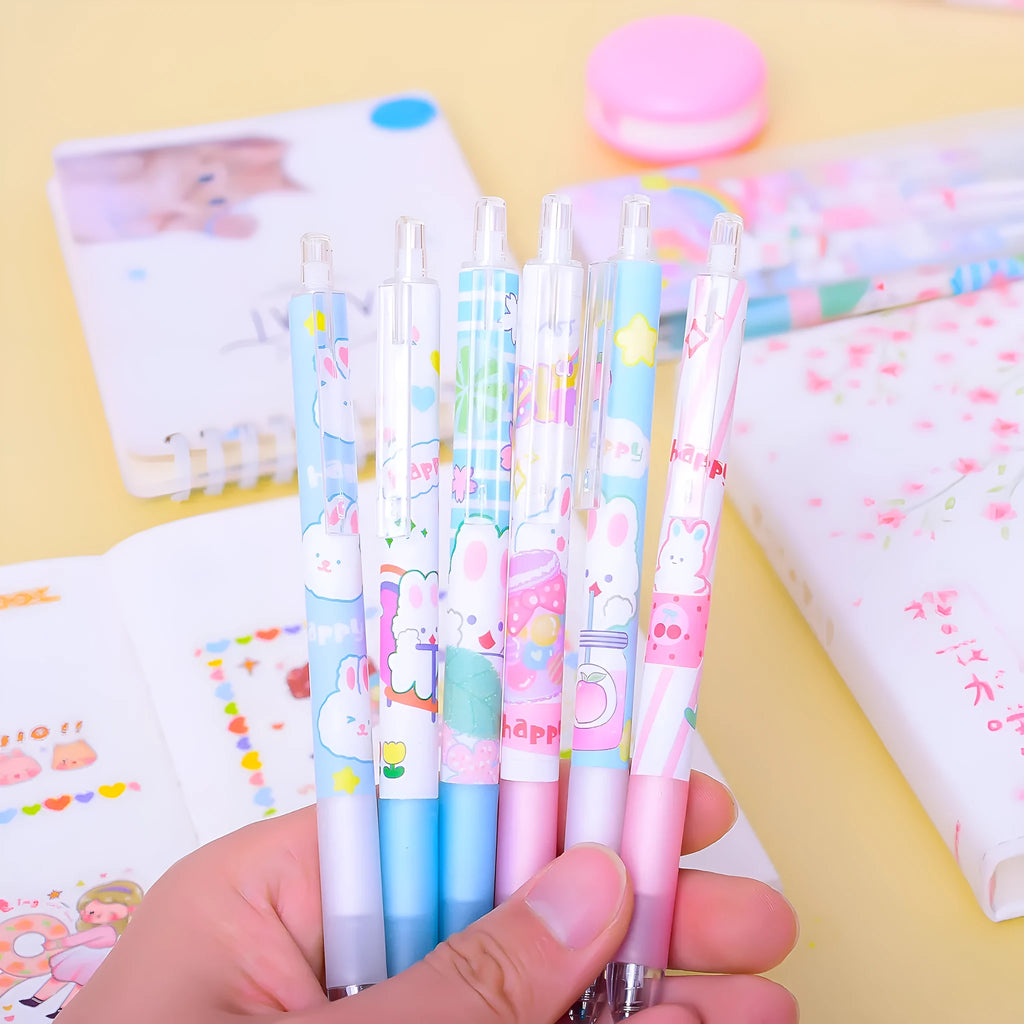 Six cartoon bunny design black ballpoint pens with 0.5mm tips in plastic packaging