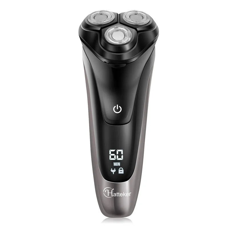 Men's electric shaver kit with three floating heads, pop-up trimmer, USB cable, cleaning brush and storage bag.