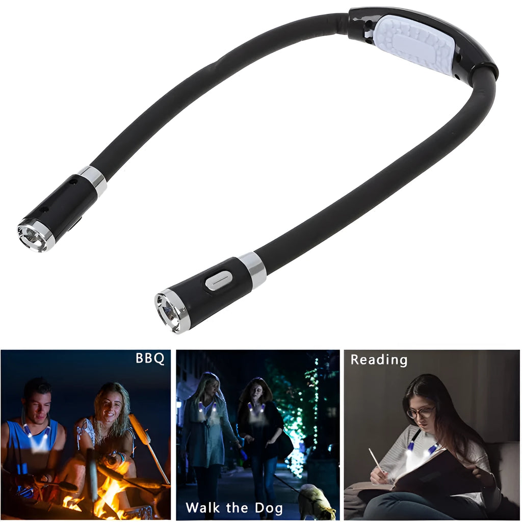 Flexible neck hug book light with LED reading lamp in three colour options: black, blue, green, and red on a table