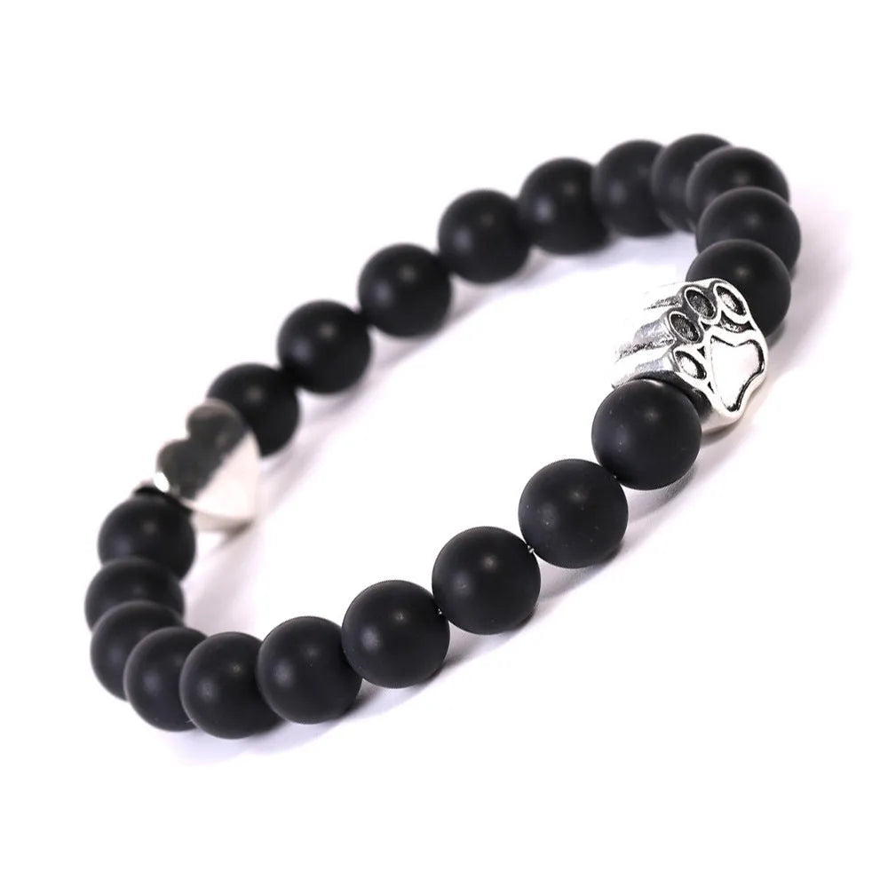 Tigereye Indian Agate Dog's Paw stone beaded bracelet in geometric unisex design.