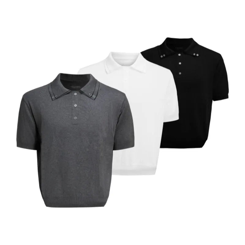Men's double collar short sleeve polyester shirt in black with lapel design and fastener decoration