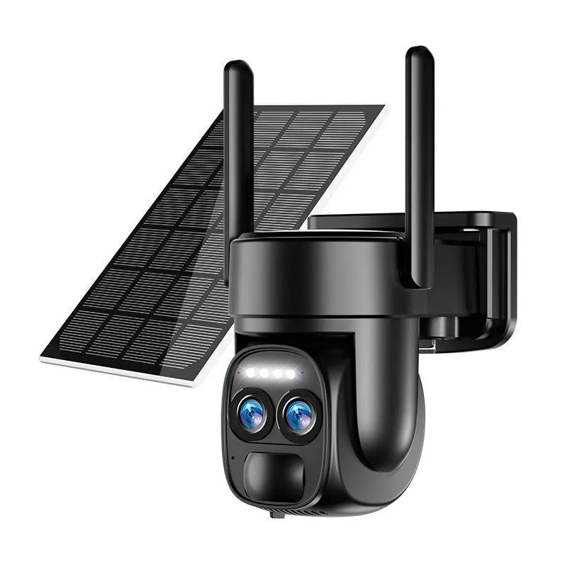 Solar-powered outdoor security camera with 8x zoom lens and dual 4G/WiFi antennas