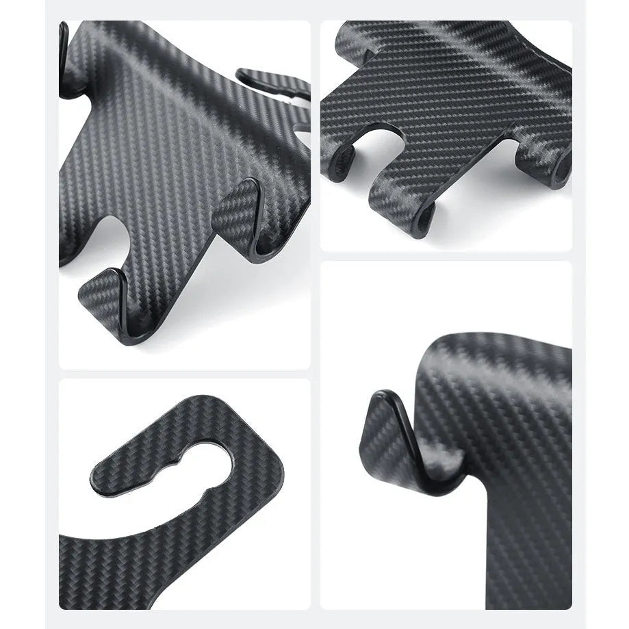 Black ABS car multifunction hook with carbon fibre pattern and integrated phone bracket for rear seat storage.
