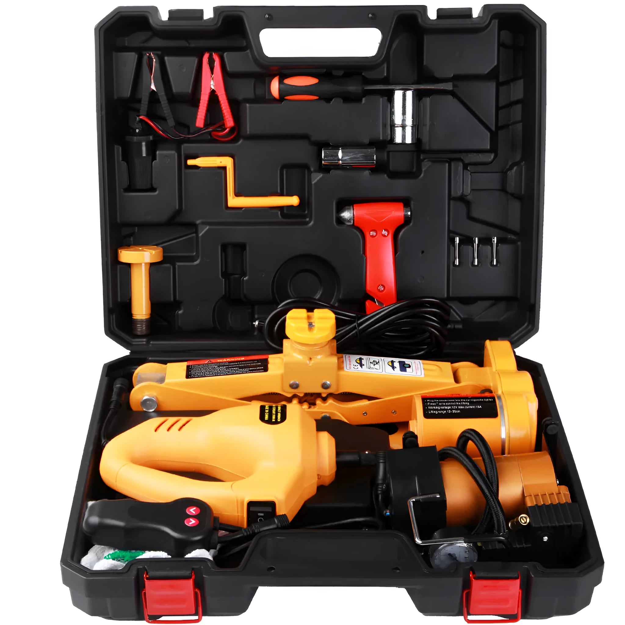 Yellow car electric jack set with hydraulic lift and electric wrench for vehicle tyre changes