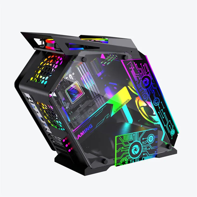 Table-type e-sports computer case metal chassis with RGB fan lighting on a desk