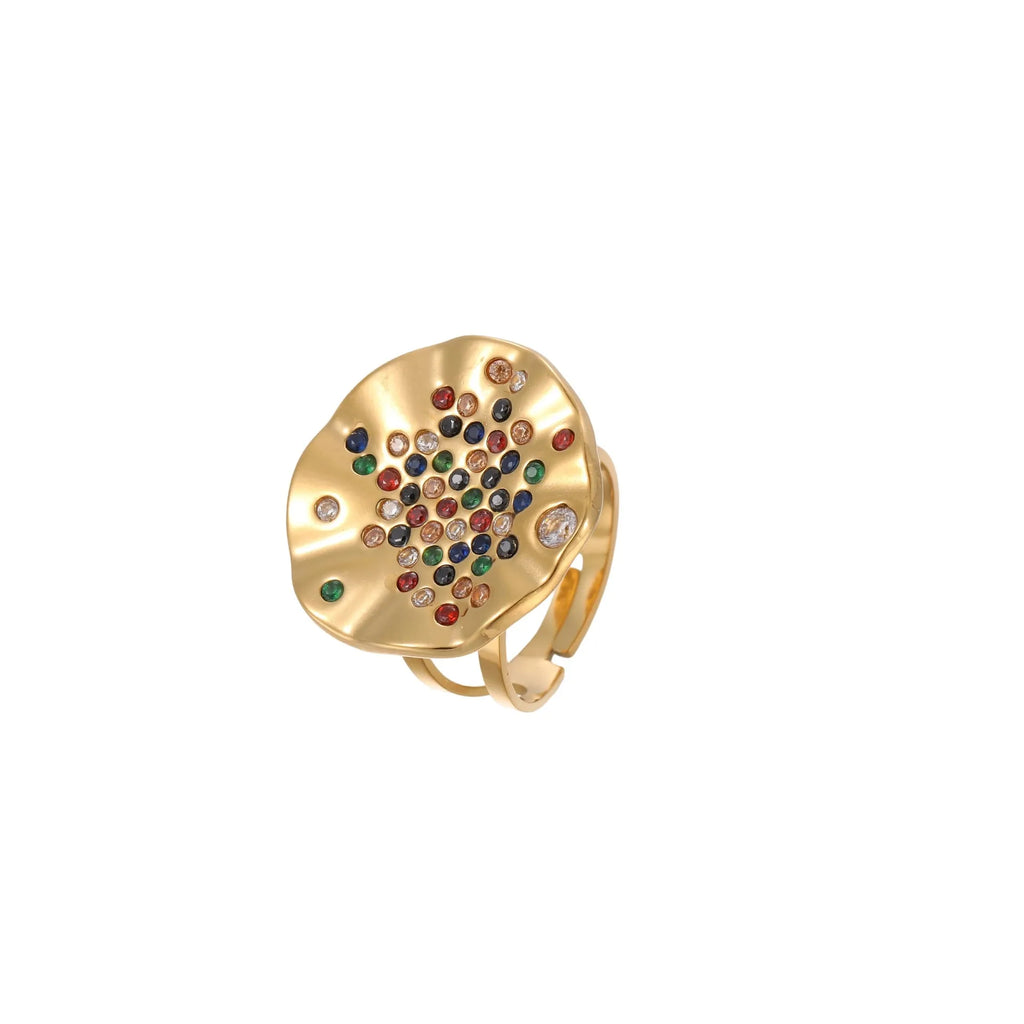 Geometric pleated titanium steel ring with open mouth design and colourful crystal inlays
