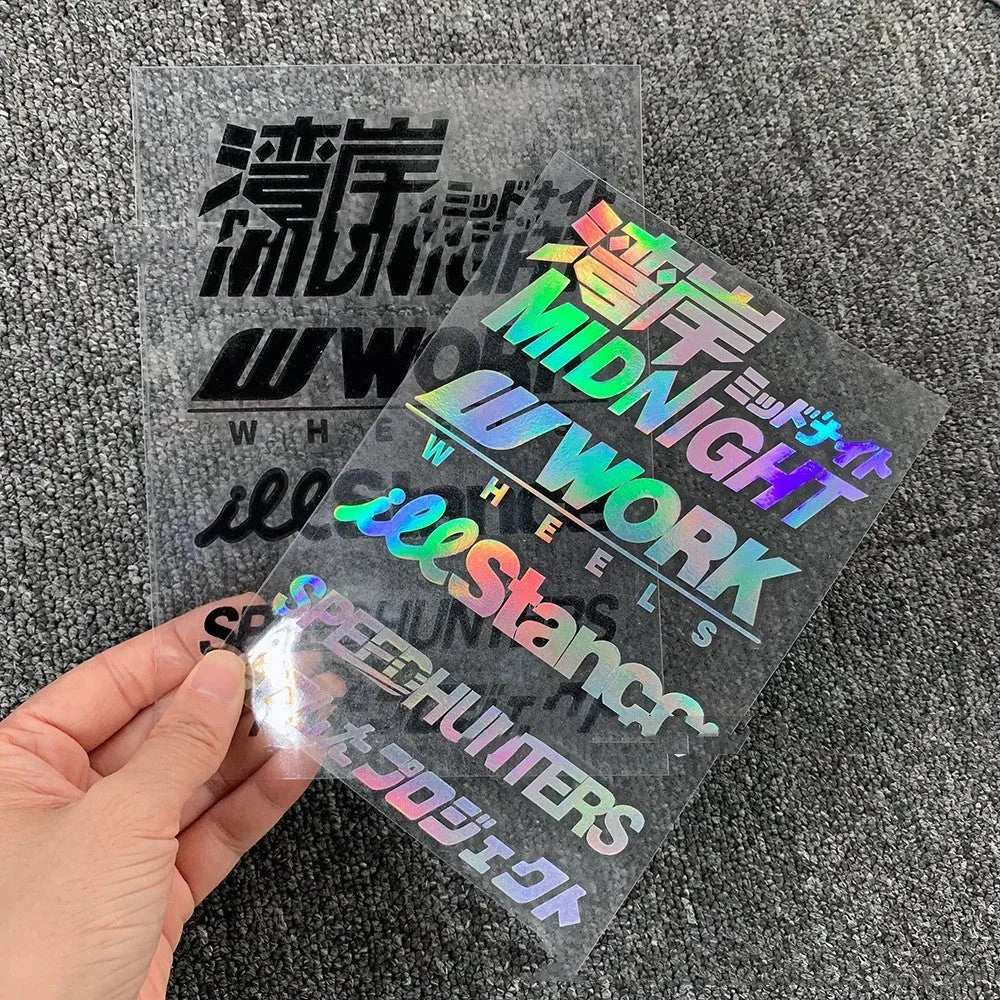 Reflective motorcycle bumper sticker measuring 16cm by 11cm on PET material in fluorescent and reflective colour options.