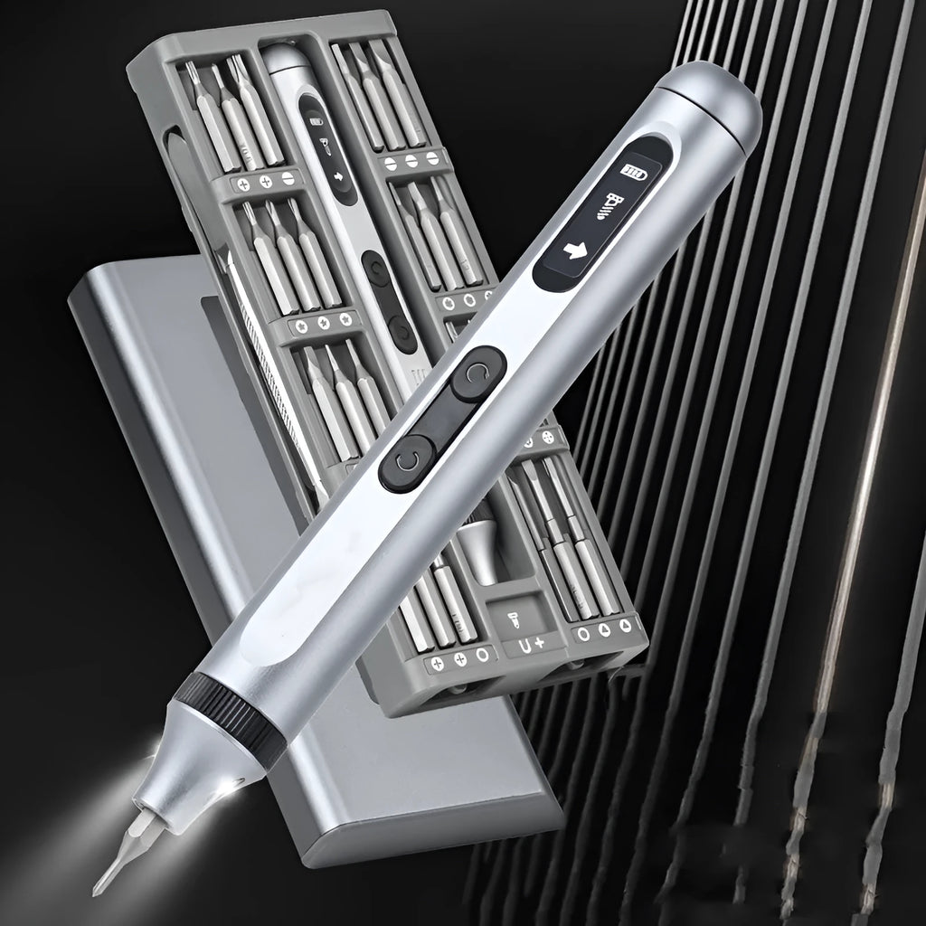 Compact aluminium alloy electric screwdriver on a workbench with bits, showing its slim 134.5mm design.