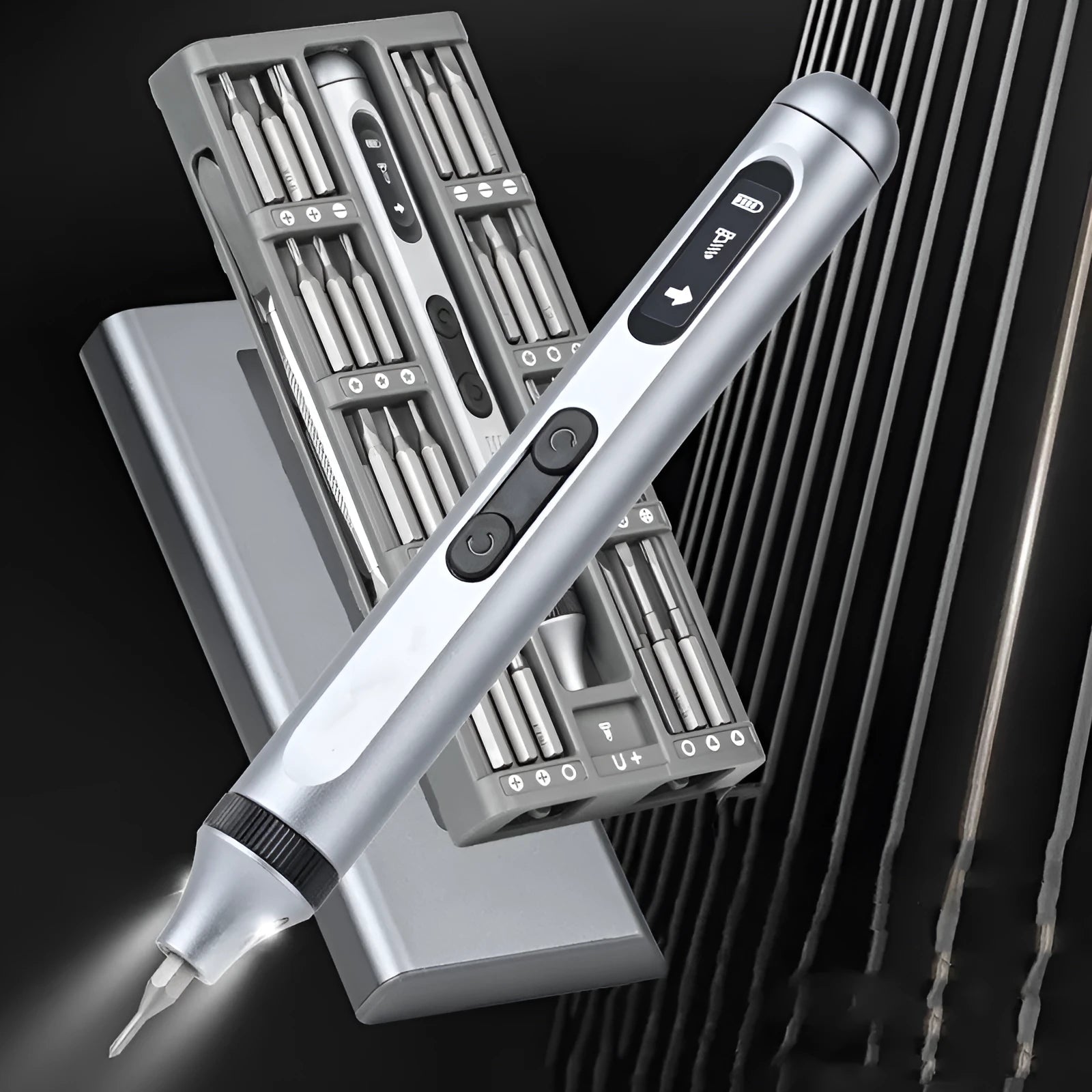 Compact aluminium alloy electric screwdriver on a workbench with bits, showing its slim 134.5mm design.