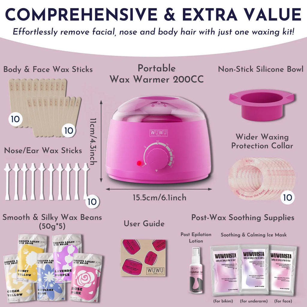 Professional waxing kit with wax warmer, pots of coloured wax beans, application sticks, lotion, and cooling masks on a pink background.