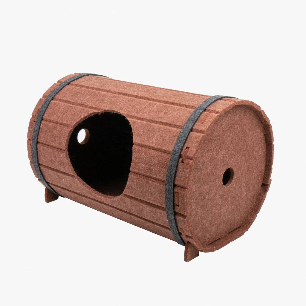Wine barrel shaped DIY cat bed made from three grey felt pieces with binding straps