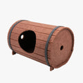Wine barrel shaped DIY cat bed made from three grey felt pieces with binding straps
