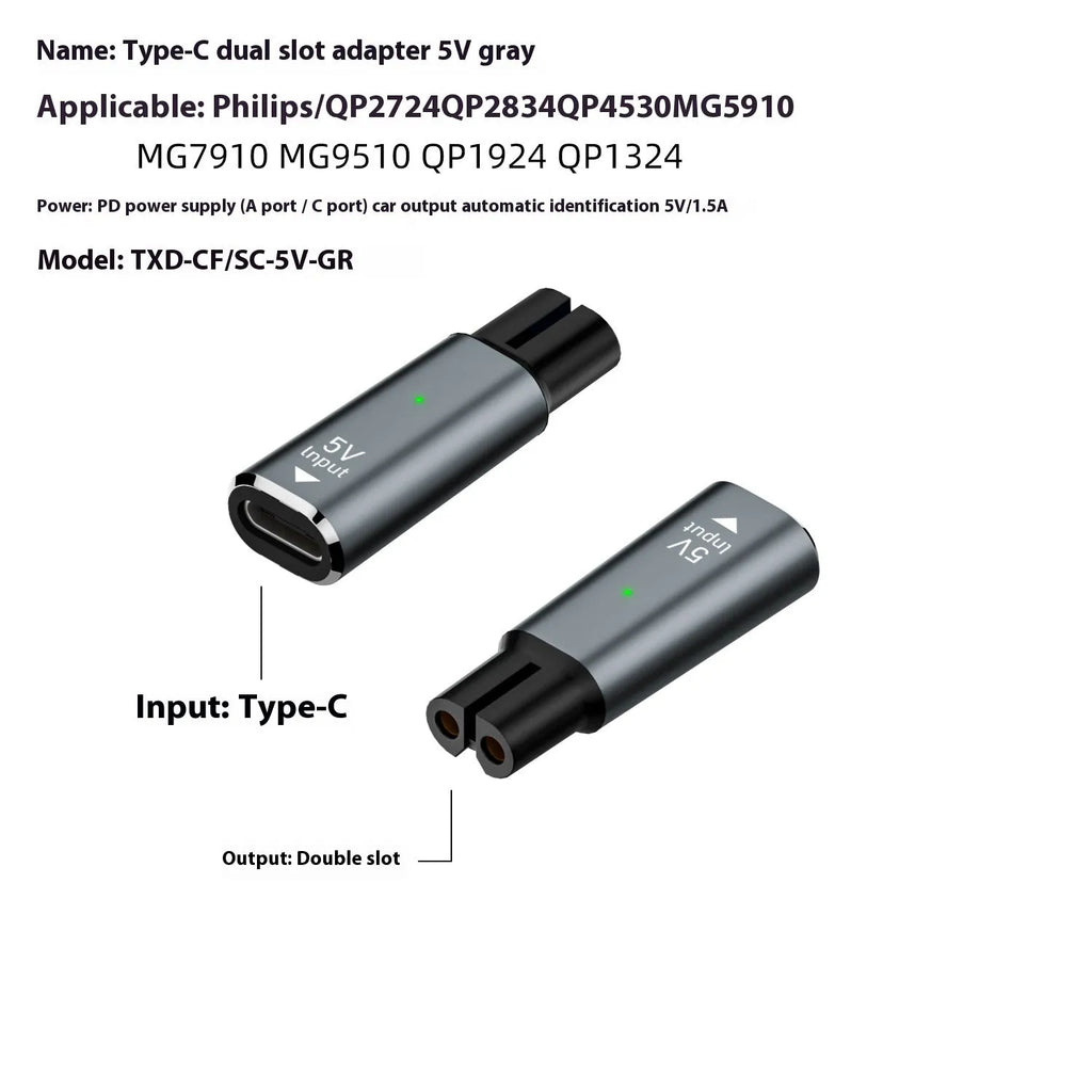 Black USB-C charging adapter for electric shavers with 8W power and 4.3V output