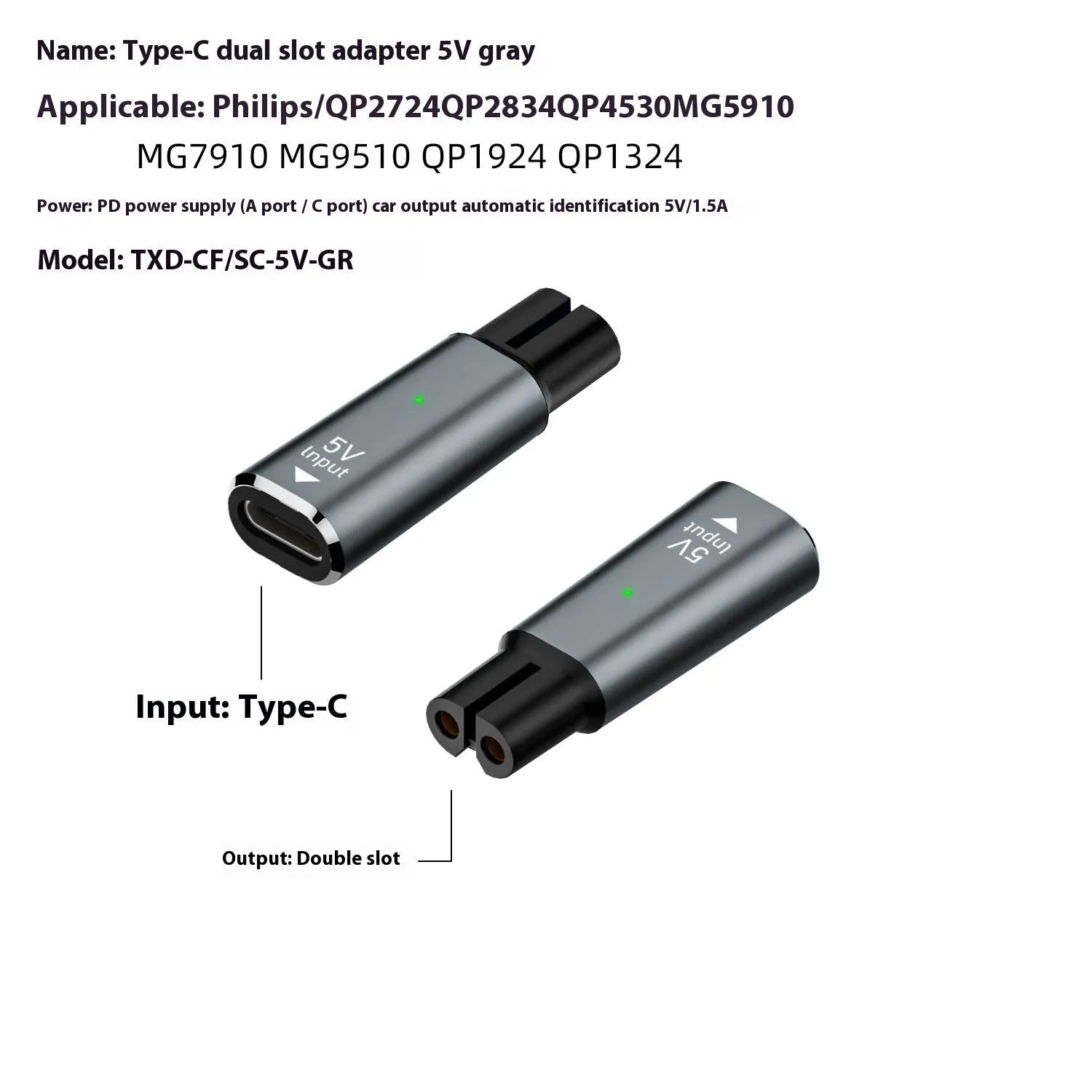 Black USB-C charging adapter for electric shavers with 8W power and 4.3V output
