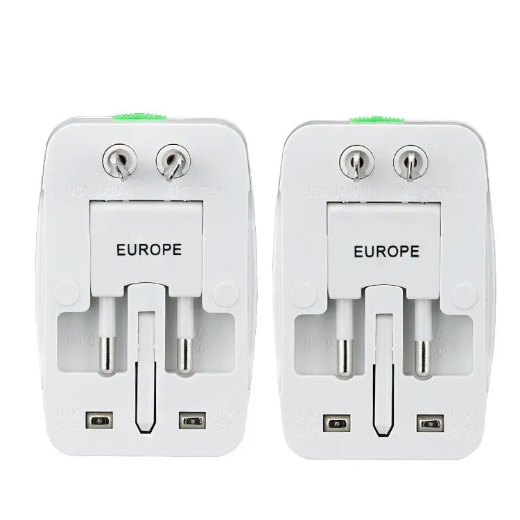 White universal travel plug adapter with two USB ports and flat-top socket showing AU, EU, US, UK plug compatibility
