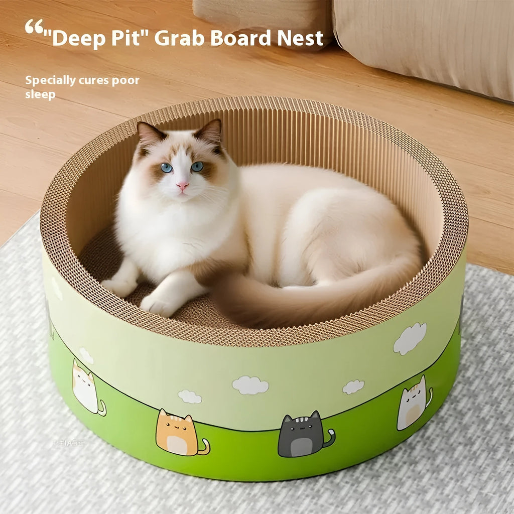 Large round cat scratch board made of brown corrugated paper in a deep pit design.